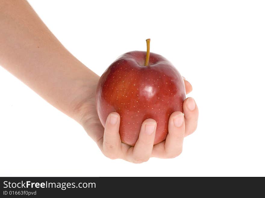 Red apple in hand isolated on white backgrounds