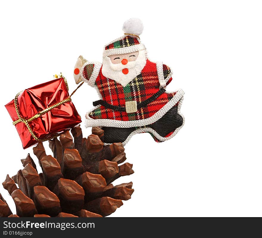 Santa with gift box over a pine cone