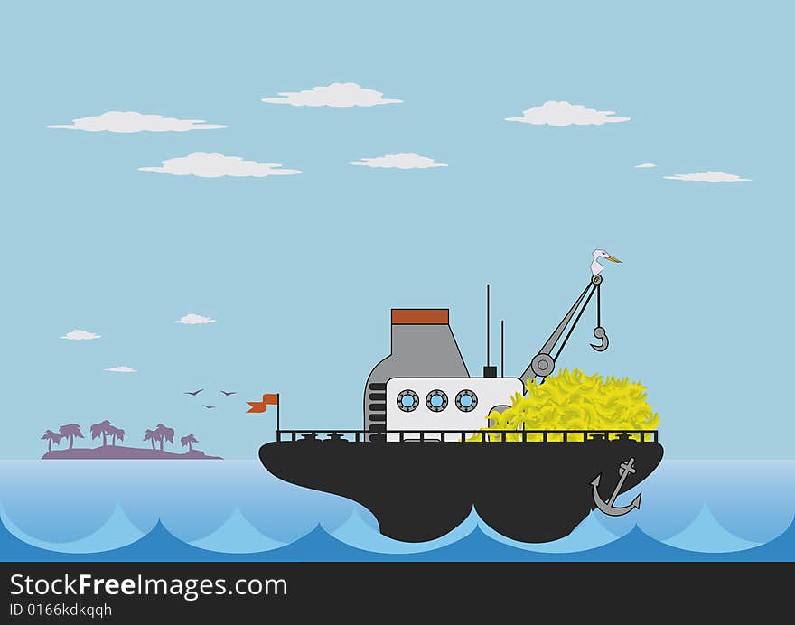 Illustration of toy cargo ship in the sea