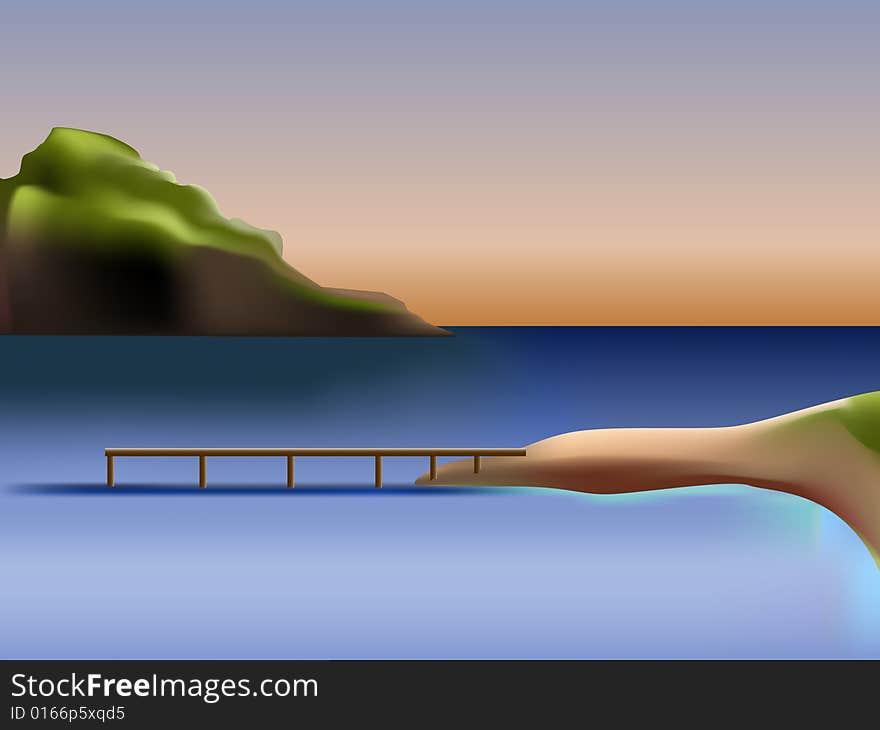 Sea pier with a mountain at horizon