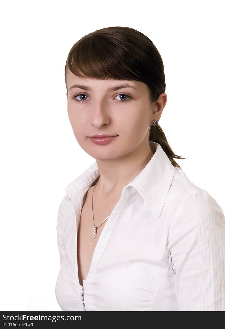 Portrait of beautiful young woman on white