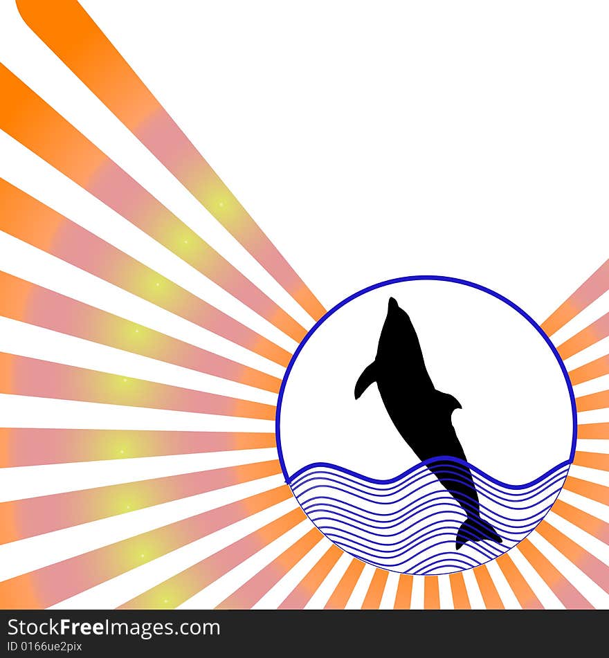 Silhouette jumping dolphin against colorful radial rays background