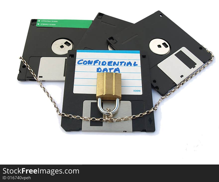 Collection of floppy disks, labelled confidential data with chain and padlock, representing data security. Collection of floppy disks, labelled confidential data with chain and padlock, representing data security.