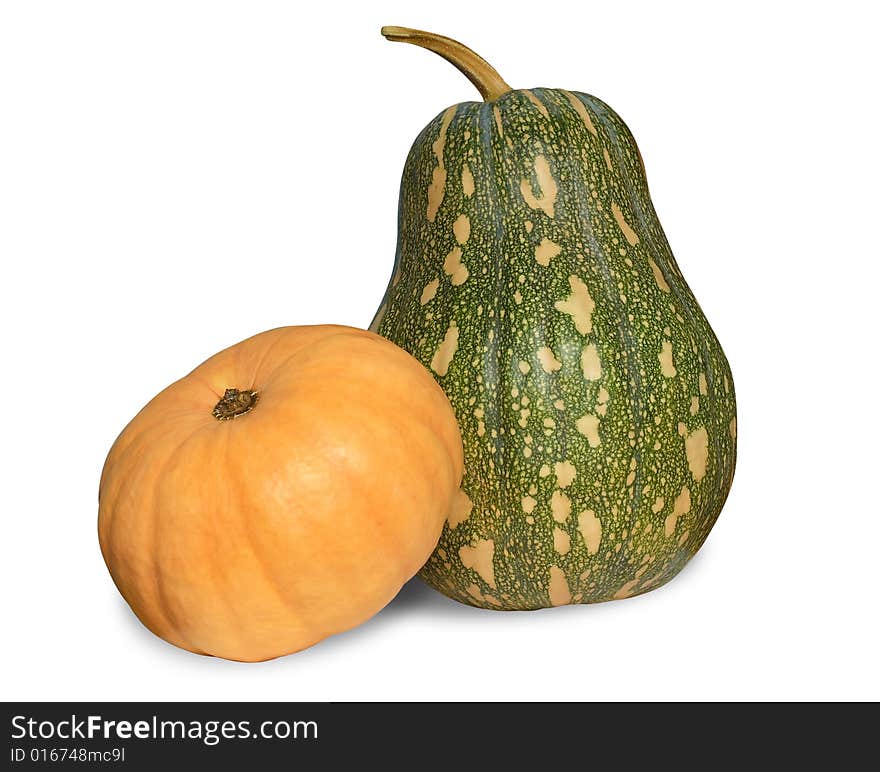 Two pumpkins isolated over white with shadow. Clipping path.