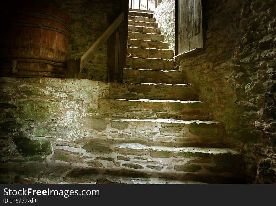 Detail of stone stairs in an old springhouse. Detail of stone stairs in an old springhouse.