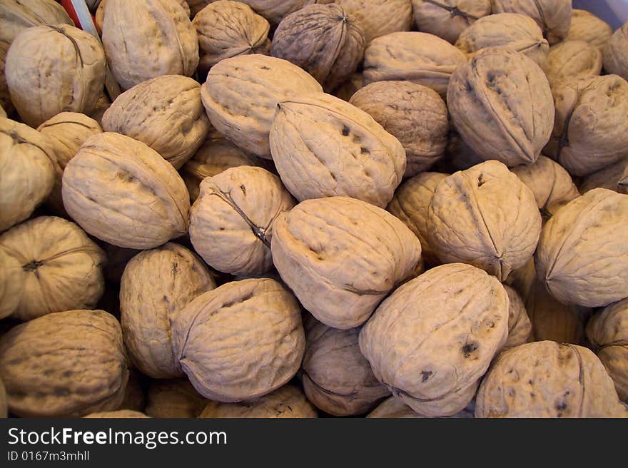 Close-up of fresh wallnuts at the market.