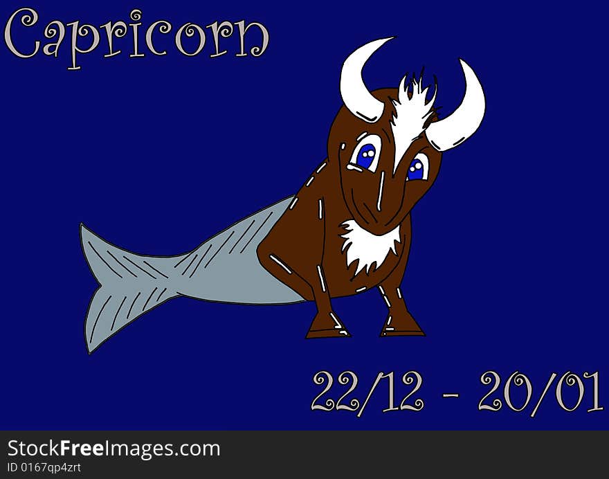 A series of illustrations that represents the zodiacal sign. This illustration represents the sign of Capricorn. Reading the story of this sign, we don't understand exactely what kind of animal really is the capricorn. There are two different version of this beast, so I choosed this one.