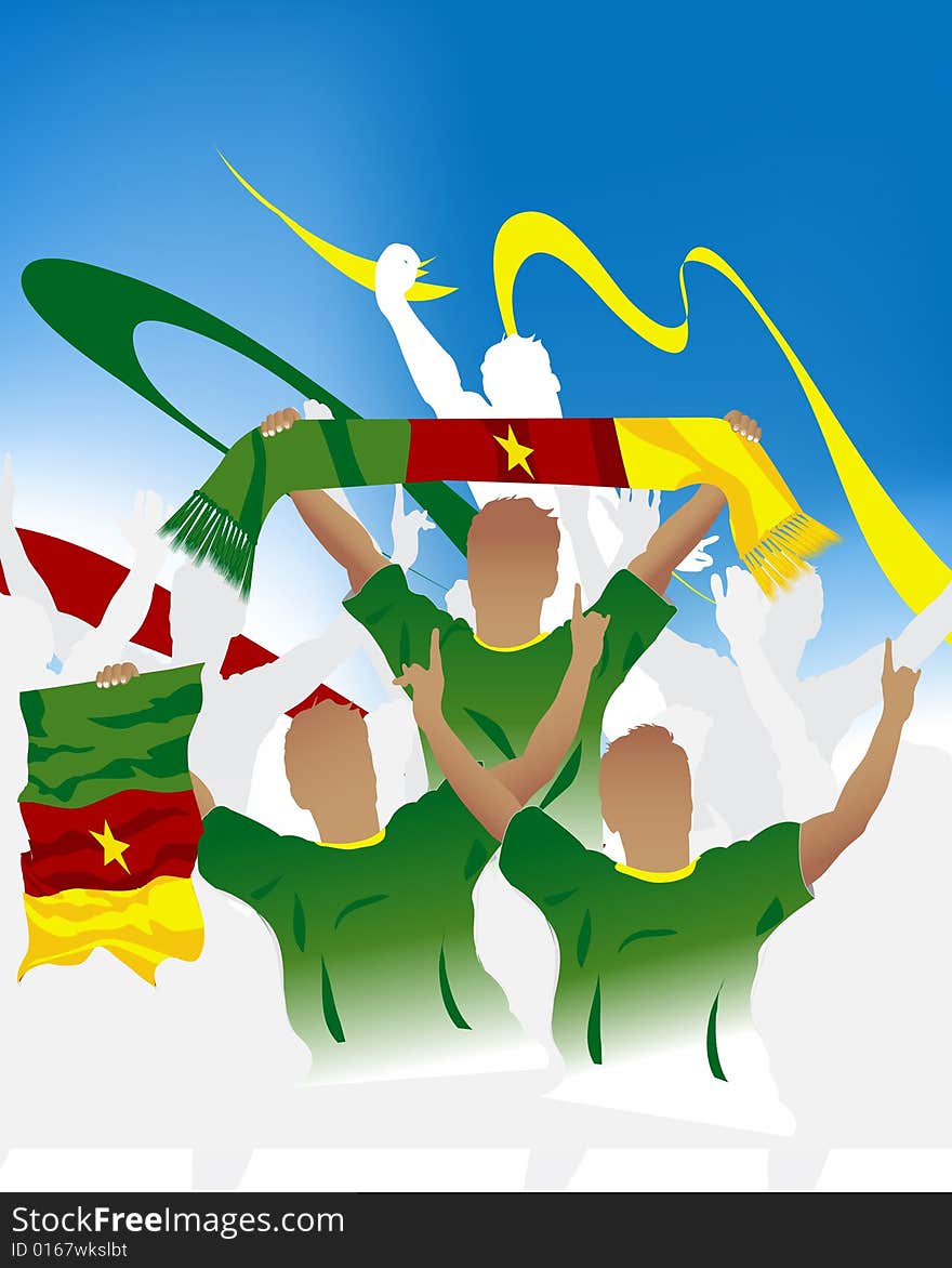 Crowd of soccer people fan and three soccer players with scarf and flag. Crowd of soccer people fan and three soccer players with scarf and flag.