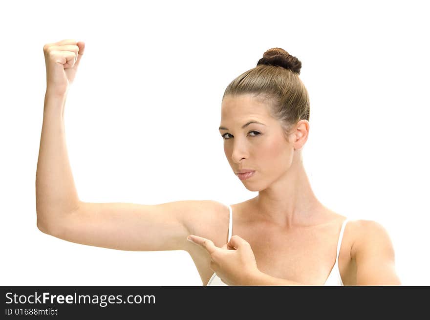 White woman pointing her muscles