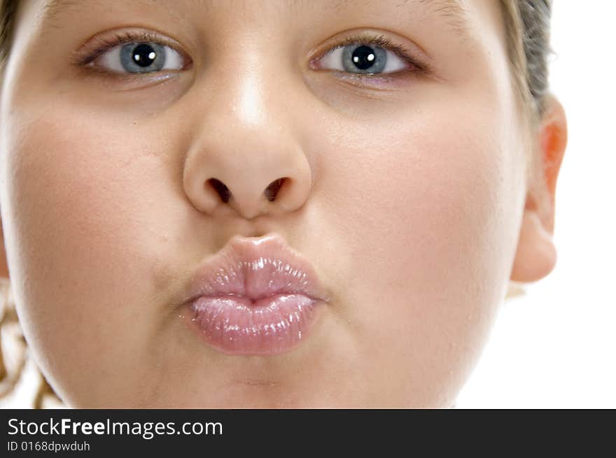 Girl making pout mouth on an isolated white background