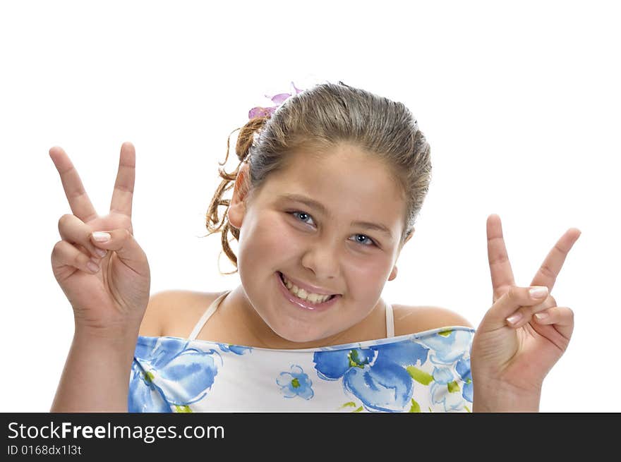 Girl showing winning sign with white background