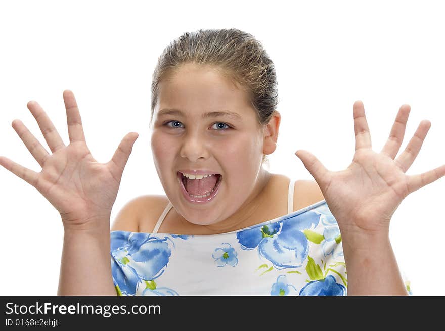 Surprised happy girl against white background