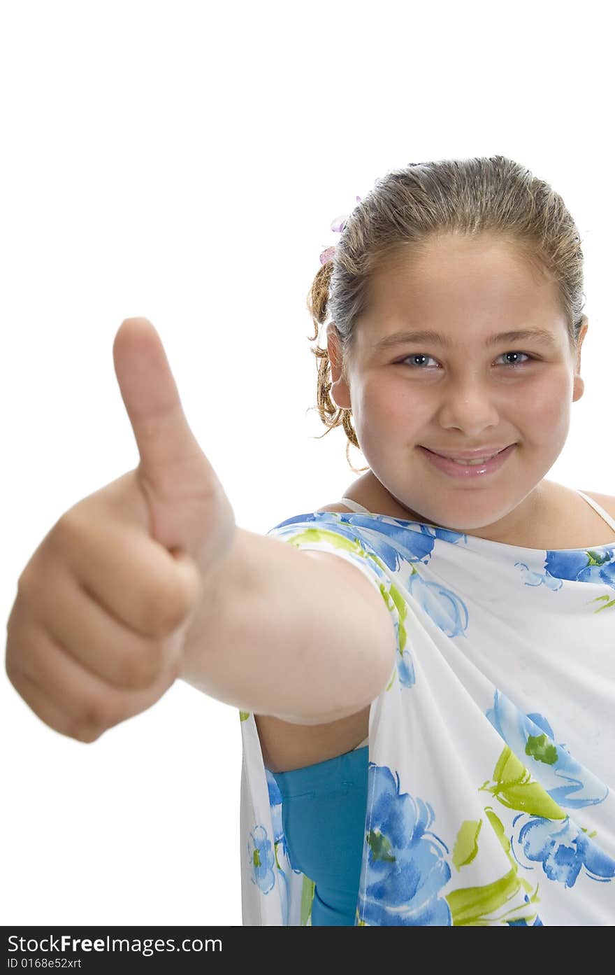 Smiling girl wishing good luck with white background