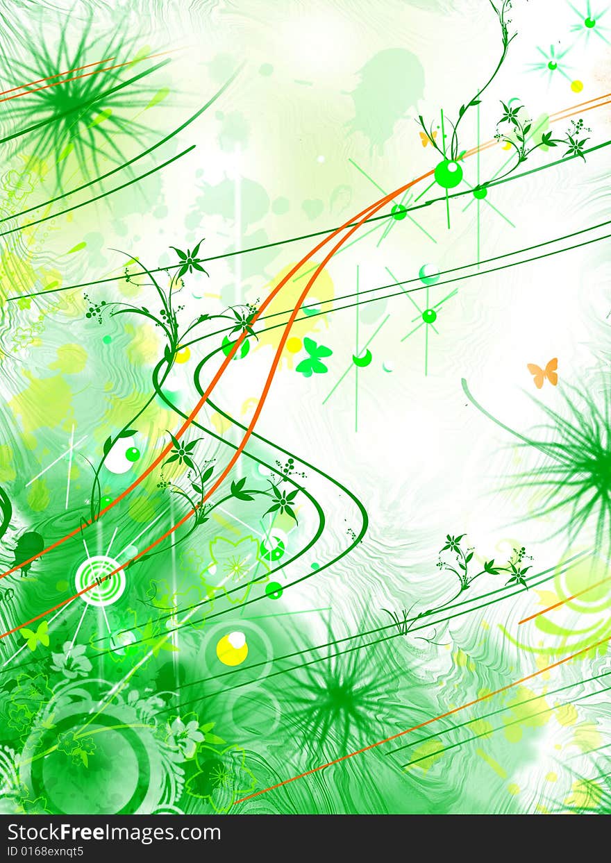 Color abstract illustration with flowers and scrolls