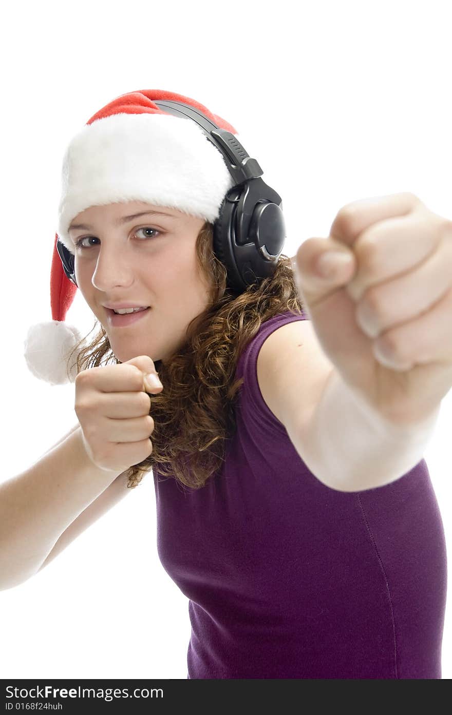 Lady showing punch on an isolated background