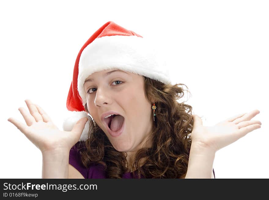 Female with santa cap against white background