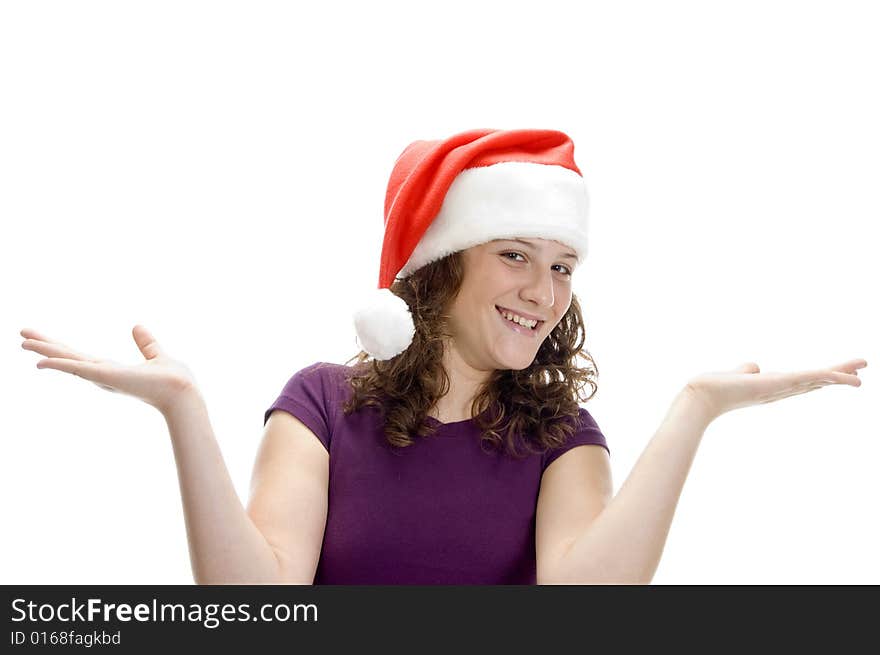 Woman with open palms on an isolated white background