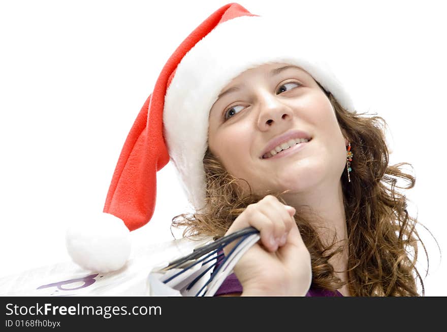 Female with carry bags and santa cap