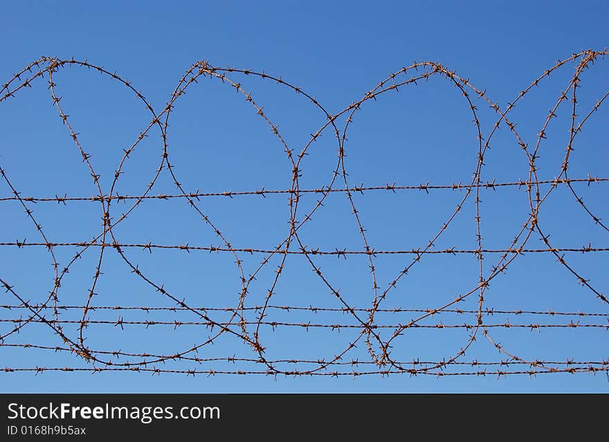 Fragment of barbed wires on blue sky background