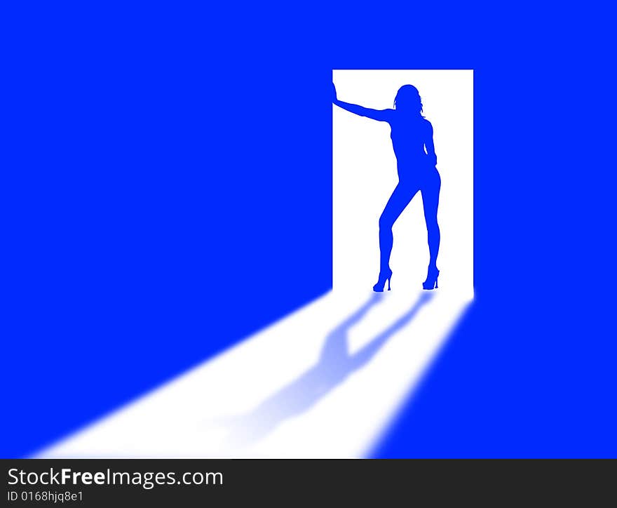 Woman silhouette on the door and in the light. Woman silhouette on the door and in the light