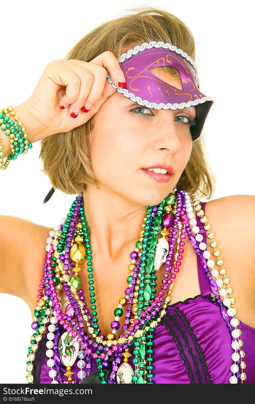 Colorful mardi gras queen opening her mask and wearing a lot of beads. isolated on white blackground. Colorful mardi gras queen opening her mask and wearing a lot of beads. isolated on white blackground