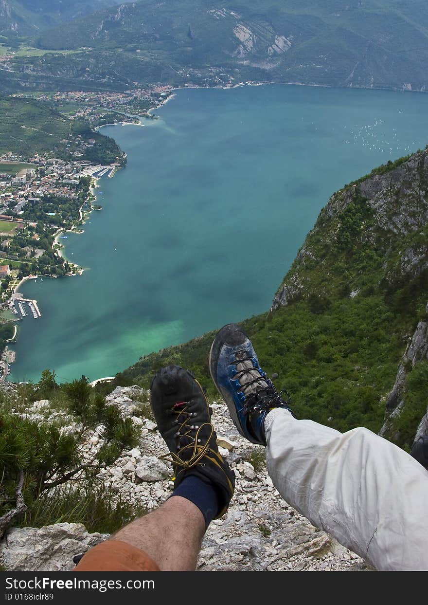 Lake Lago di Garda, Italy, as seen from the via ferrata above. Lake Lago di Garda, Italy, as seen from the via ferrata above