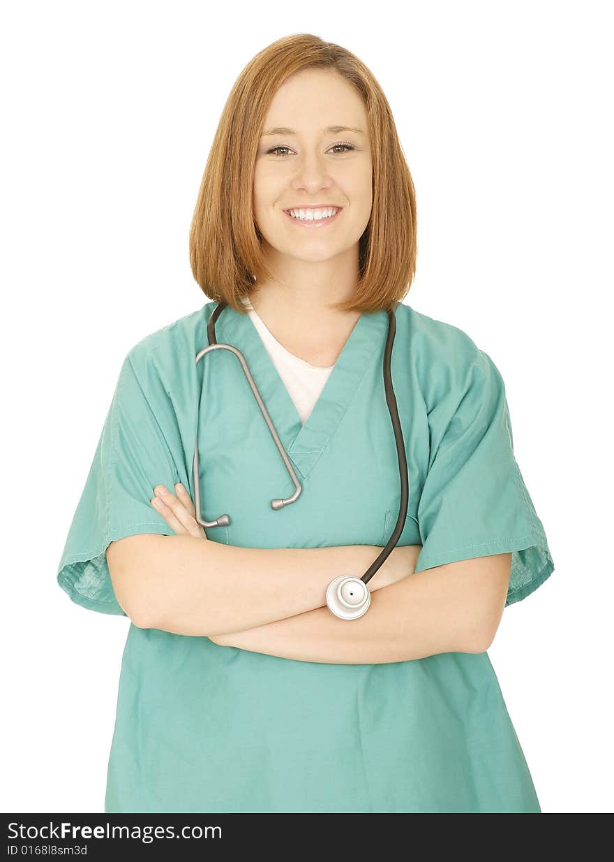 Shot of isolated woman doctor or nurse folding hand. Shot of isolated woman doctor or nurse folding hand