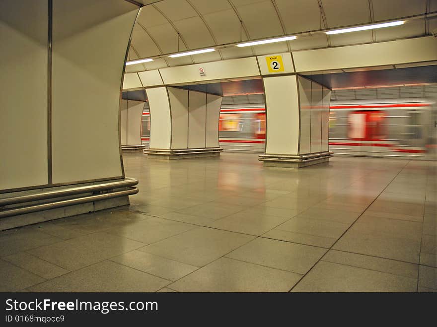 Metro train coming at one station in Prague, Czech Republic. Metro train coming at one station in Prague, Czech Republic