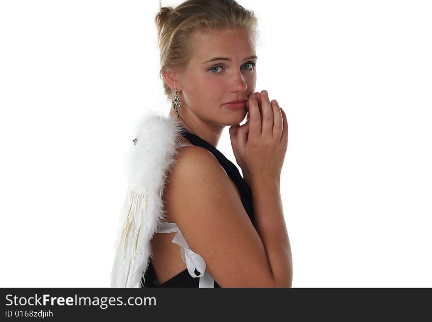 Girl like an angel isolated on white background