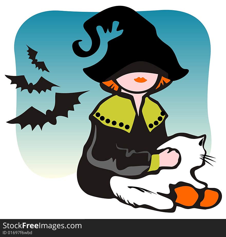 Halloween girl with cat and flying bats on a blue background. Halloween girl with cat and flying bats on a blue background.