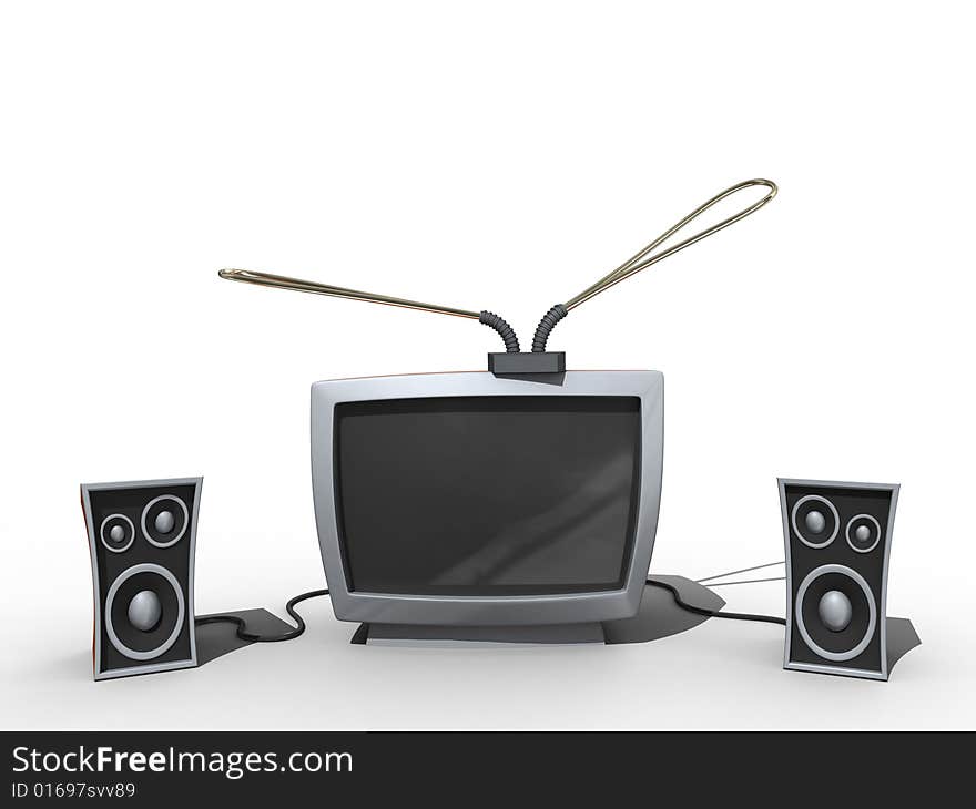 Old tv with speakers in cartoon style. Isolated. Old tv with speakers in cartoon style. Isolated.