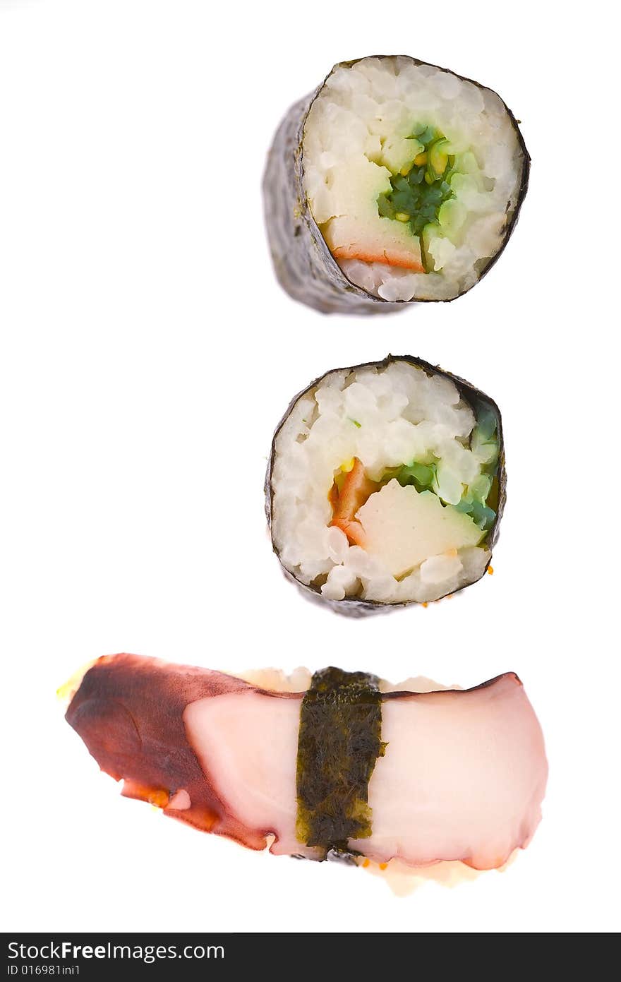 Close up view of fresh sushi rolls  isolated on white back