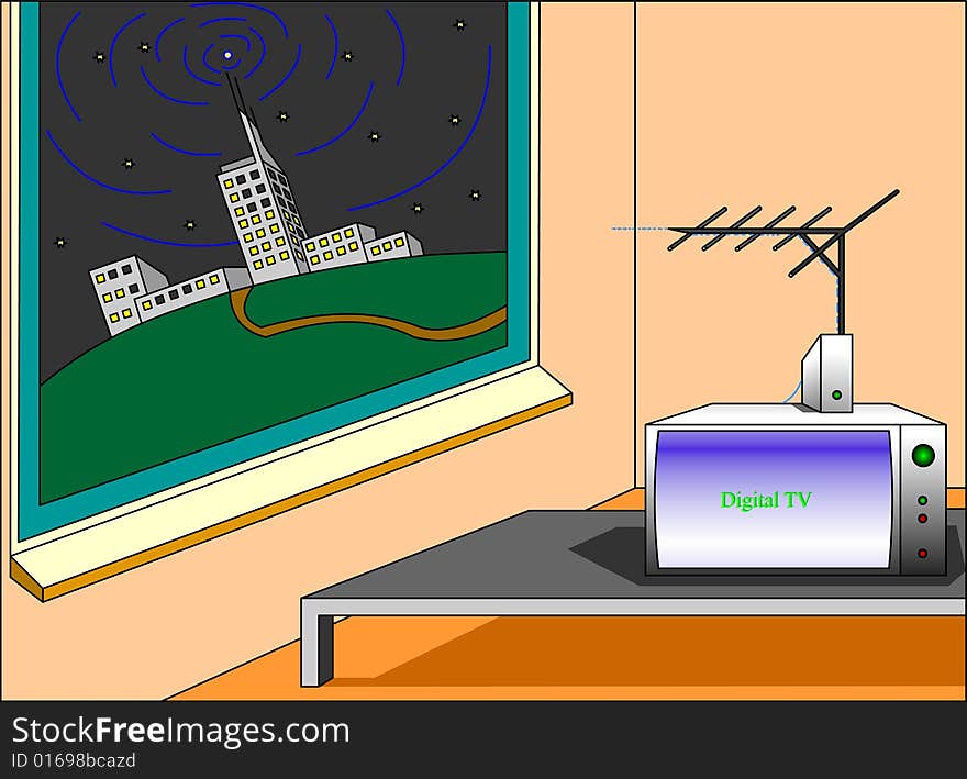 Digital Television transition illustration. Working TV on table receiving digital image and sound through new digital technology.