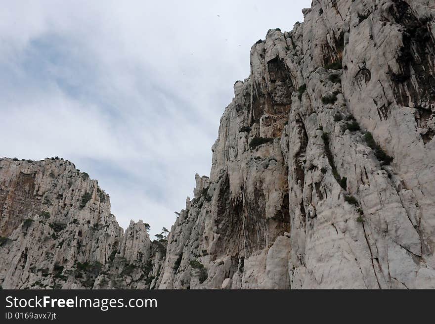 Massive rock formations called Calanques between Cassis and Marseille.