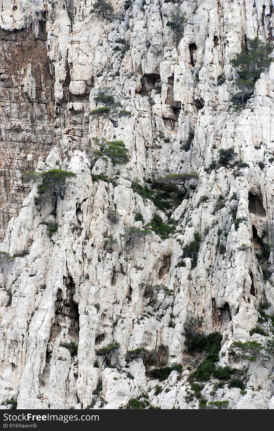 Massive rock formations called Calanques between Cassis and Marseille.