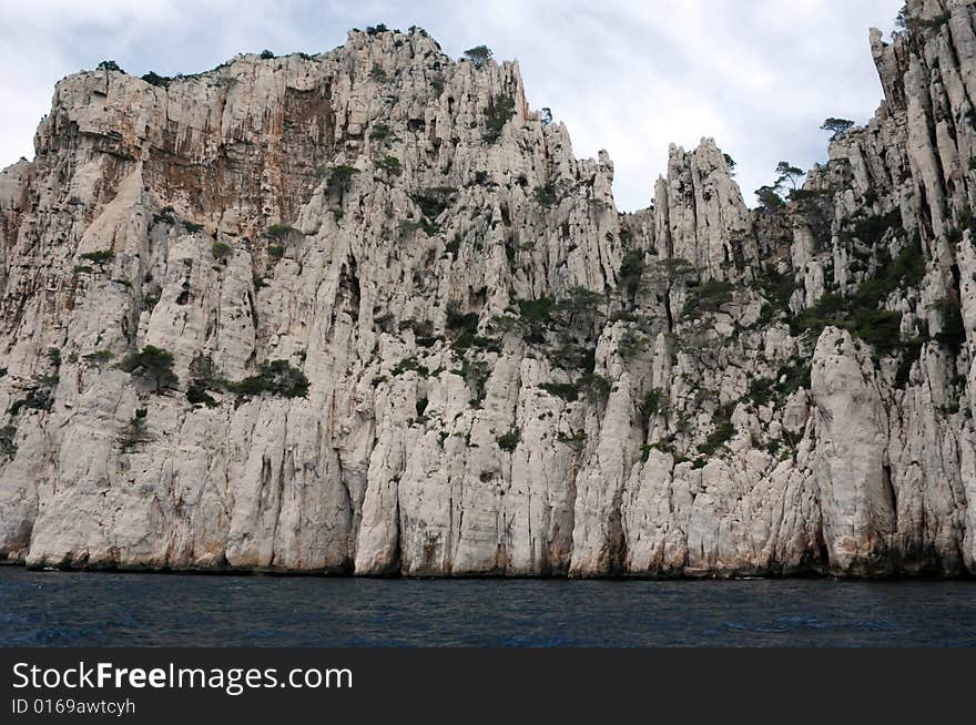 Massive rock formations called Calanques between Cassis and Marseille.