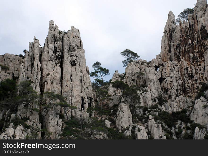 Massive rock formations called Calanques between Cassis and Marseille.