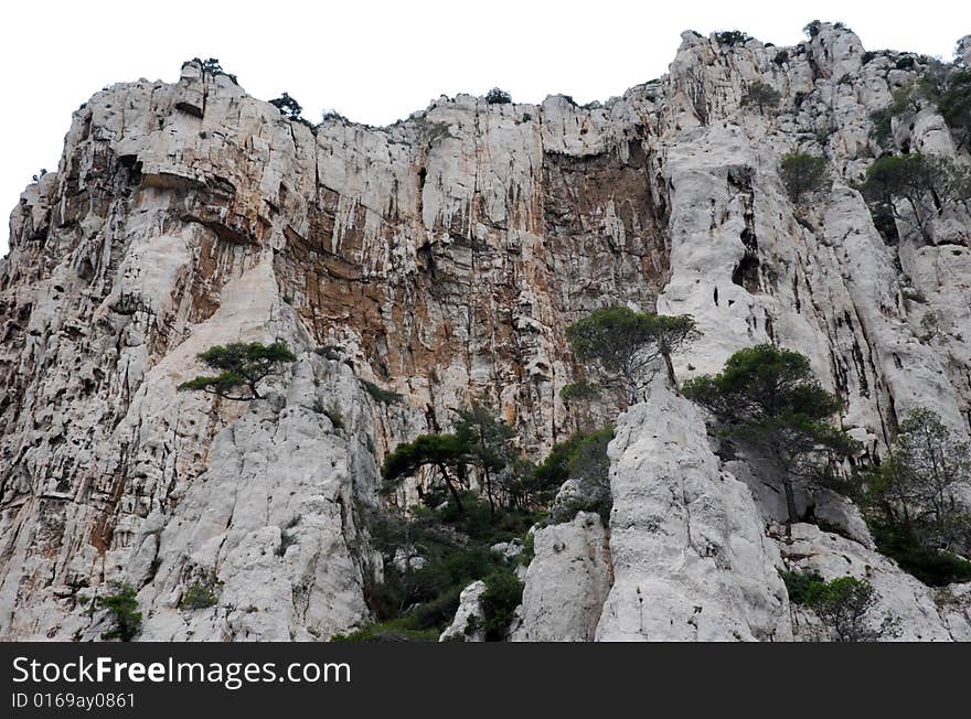 Massive rock formations called Calanques between Cassis and Marseille.