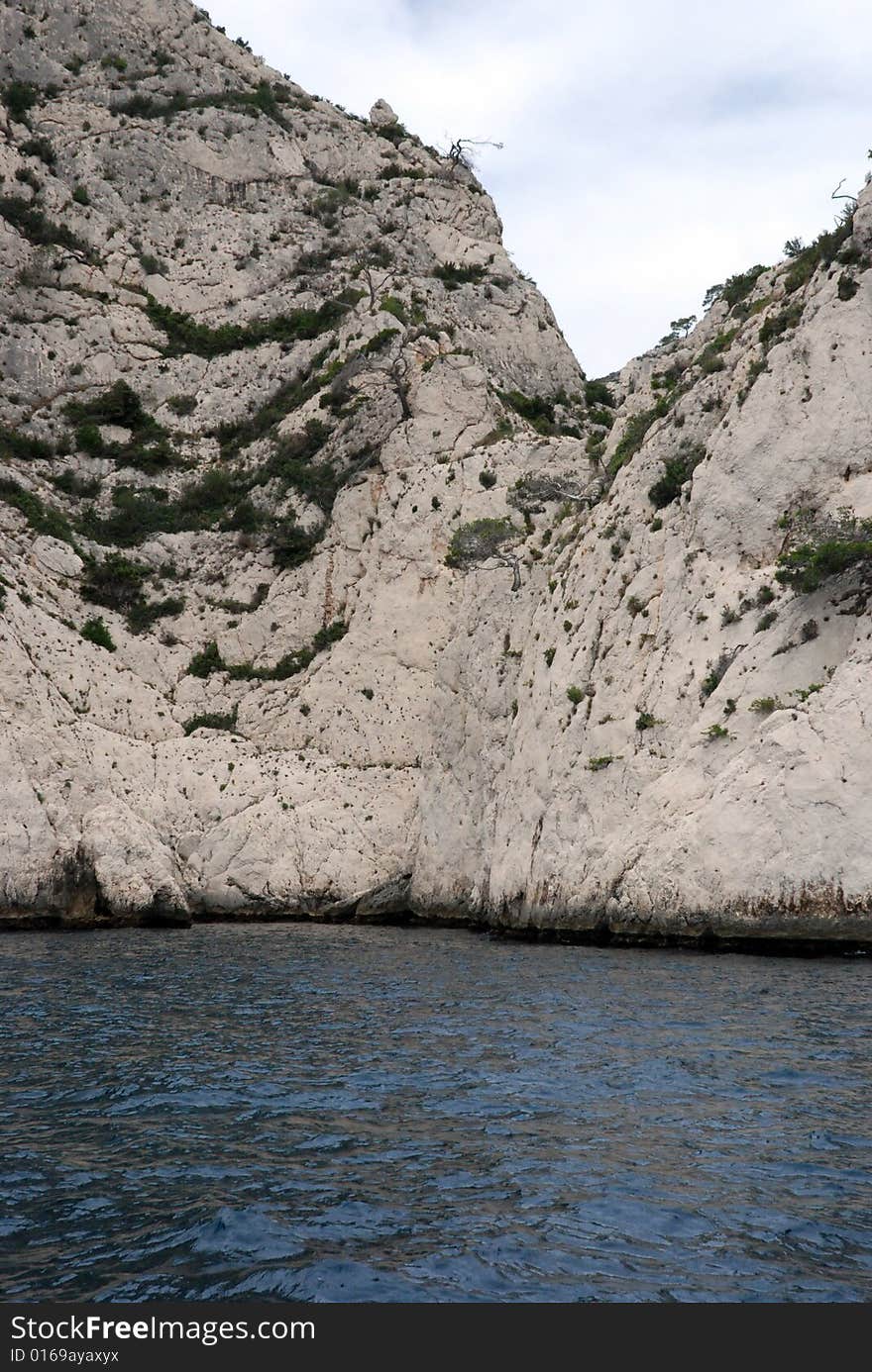 Massive rock formations called Calanques between Cassis and Marseille.