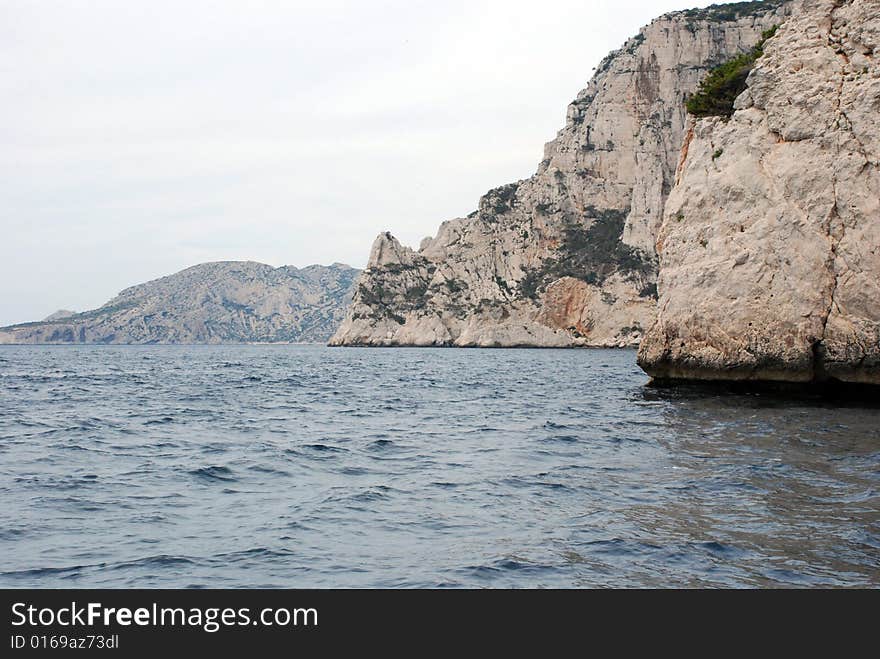 Massive rock formations called Calanques between Cassis and Marseille.