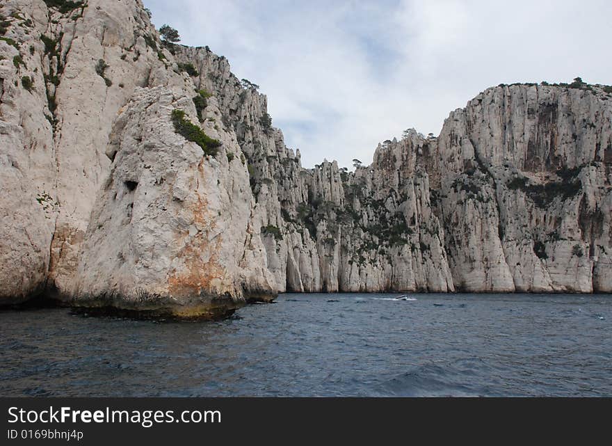 Massive rock formations called Calanques between Cassis and Marseille.