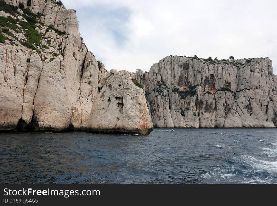 Massive rock formations called Calanques between Cassis and Marseille.