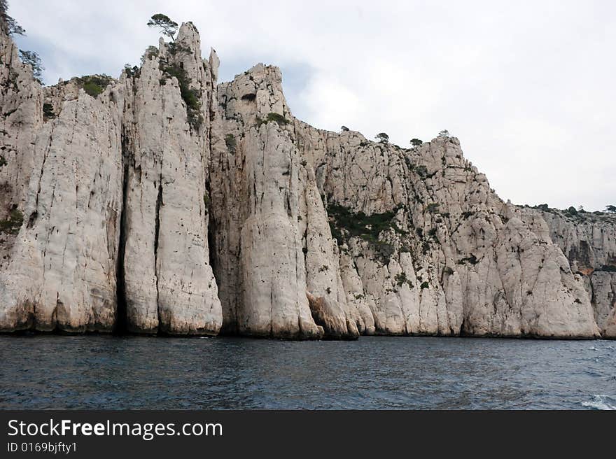 Massive rock formations called Calanques between Cassis and Marseille.