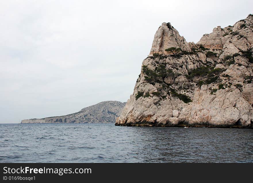 Massive rock formations called Calanques between Cassis and Marseille.