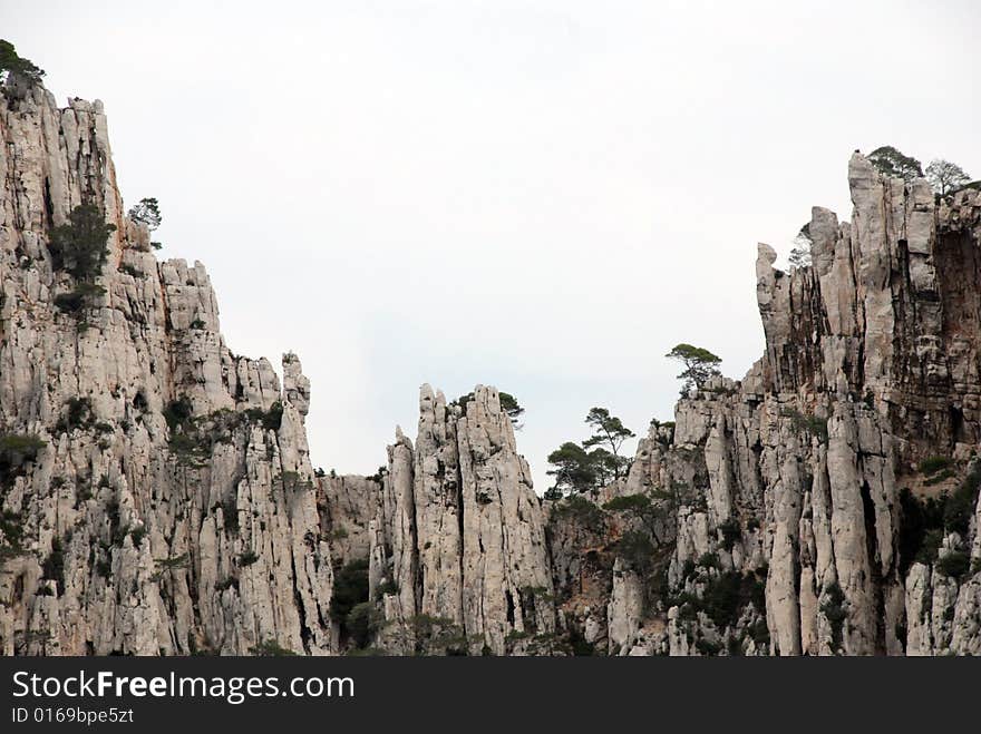 Massive rock formations called Calanques between Cassis and Marseille.