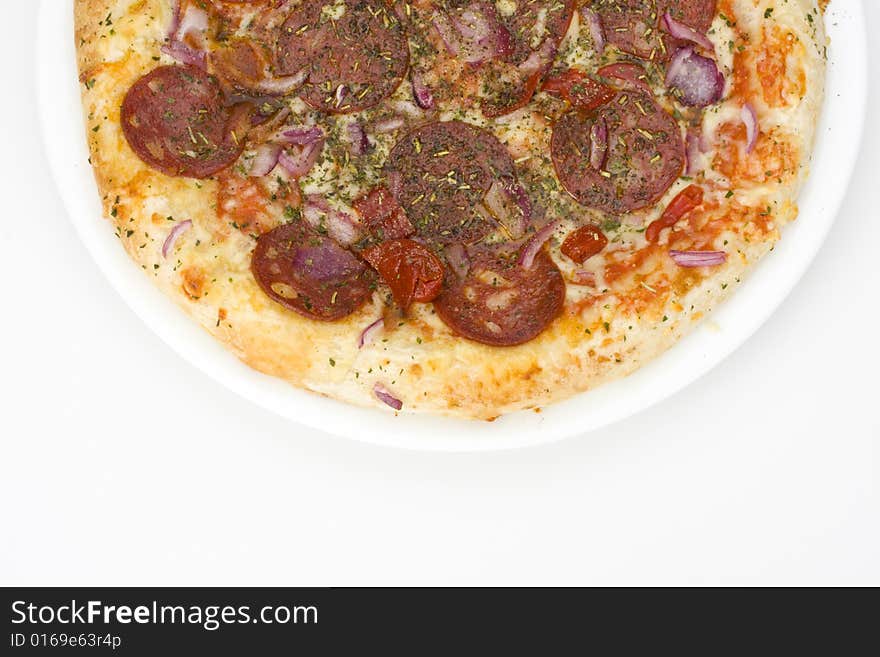 Pizza on a plate on white background