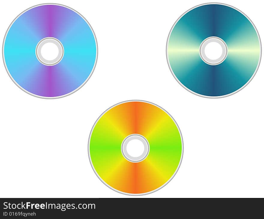 Three isolated Compact disks on white  background. Three isolated Compact disks on white  background