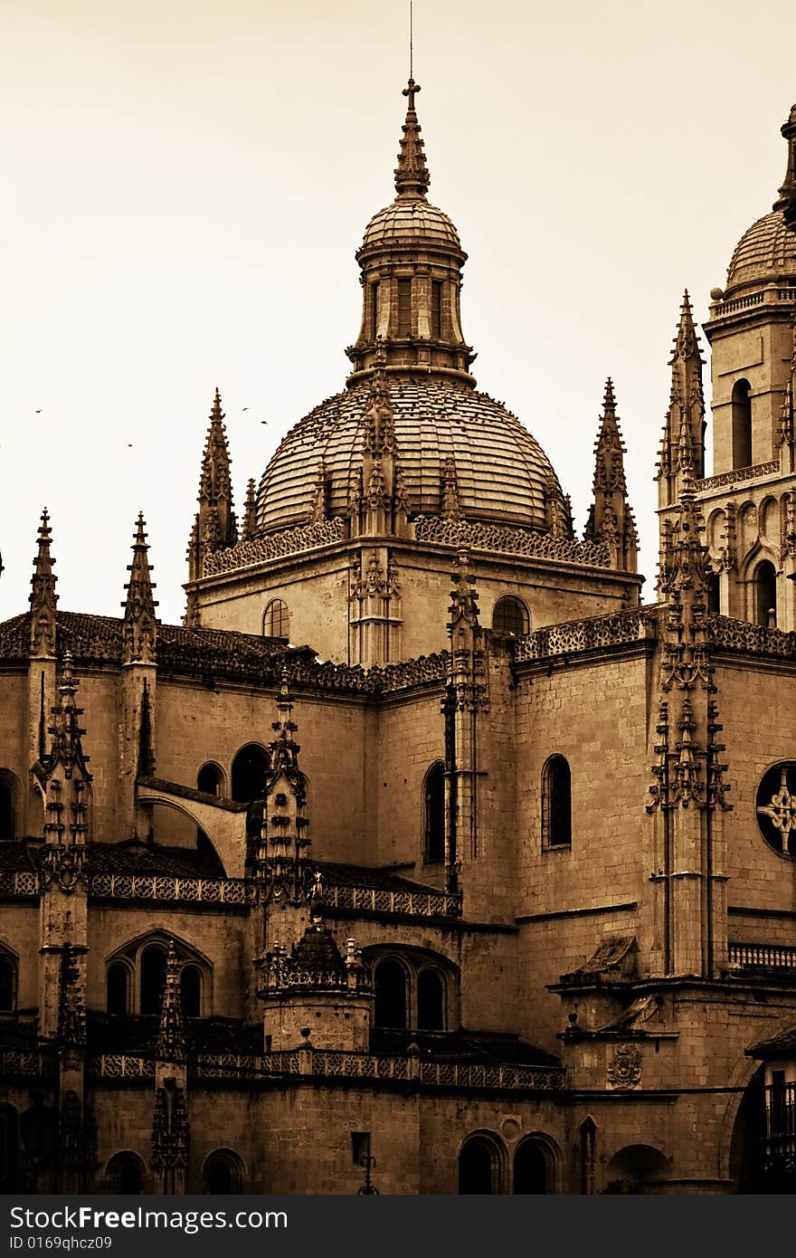 European old cathedral in dark sepia tone. European old cathedral in dark sepia tone.