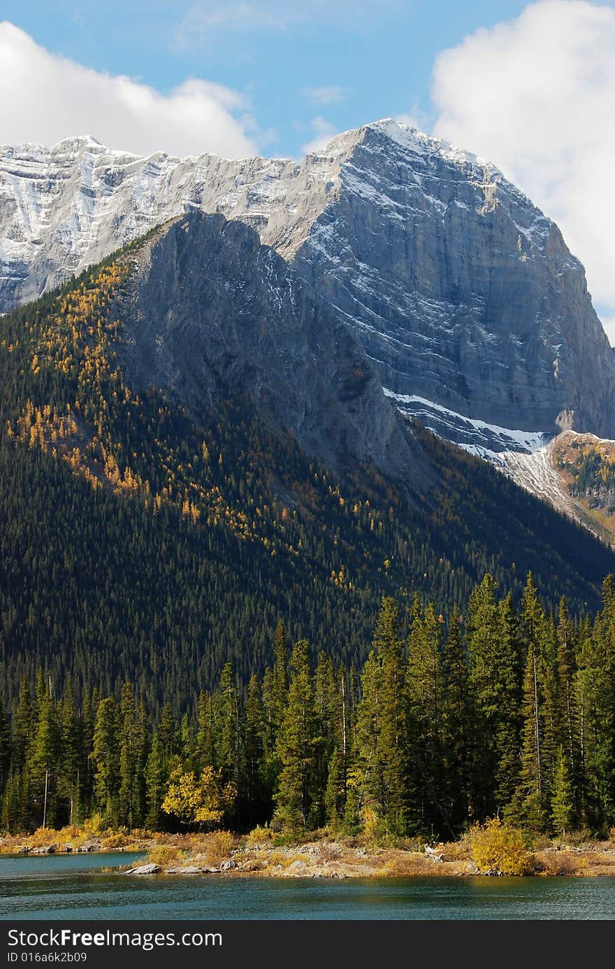 Moutains and trees on Upper Lake in Autumn