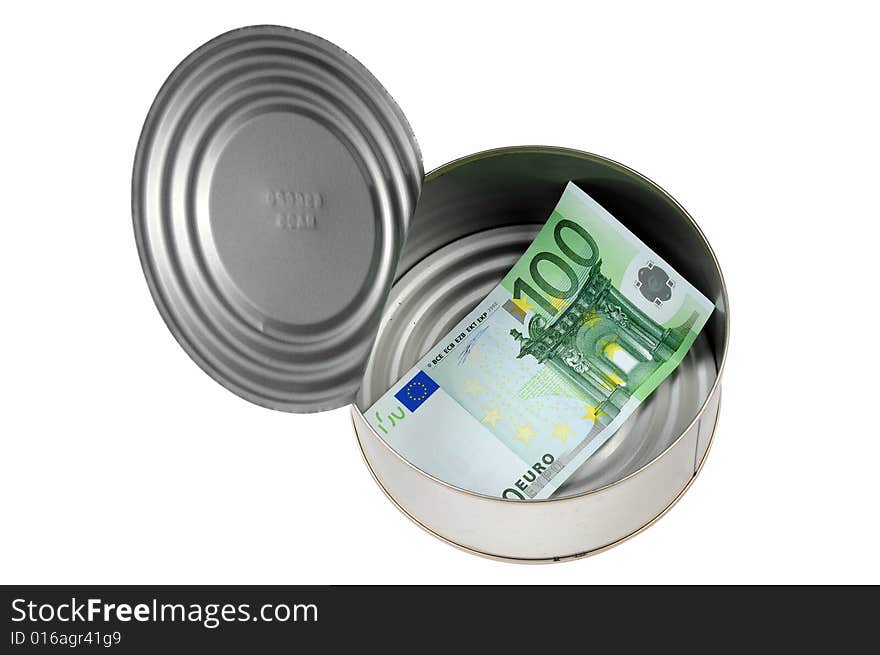 Paper money in open metal can, image with clipping path. Paper money in open metal can, image with clipping path